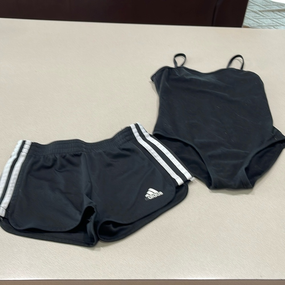 Dance leotard with Adidas shorts size 6 girls